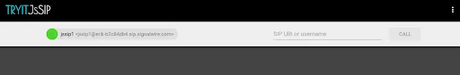 A screenshot of the TryIt JsSIP interface showing a registered endpoint with a green dot.