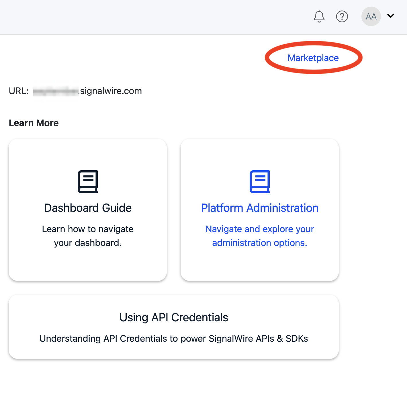 The Marketplace button on the Dashboard.